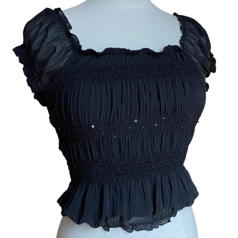 Black Smocked Embroidered Sheer Sequin Top Stretchy Whimsigoth Dark Fairy Boho-M